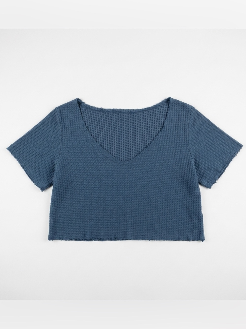 🖼️ SHEIN Dusty Blue V-Neck Cropped Waffle Knit Relaxed Fit Tee | Women’s XS